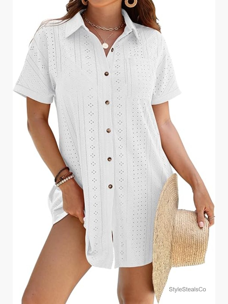Women's Eyelet Beach Swim Coverup Button Down Shirt Dress